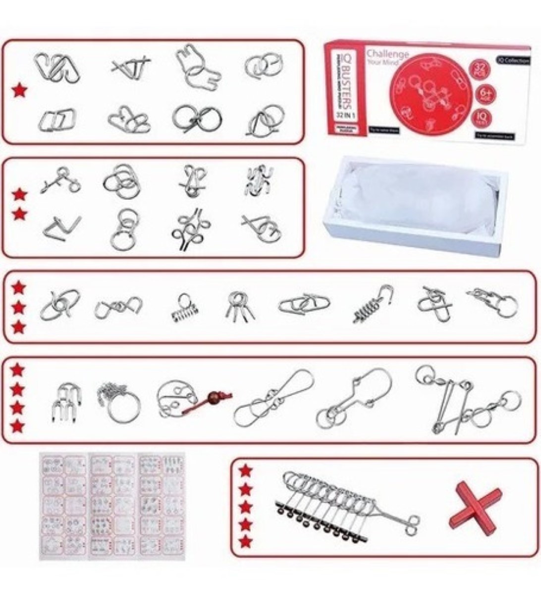 32 Piezas Rompecabezas De Alambre De Metal Para Adultos Niño PLATA 