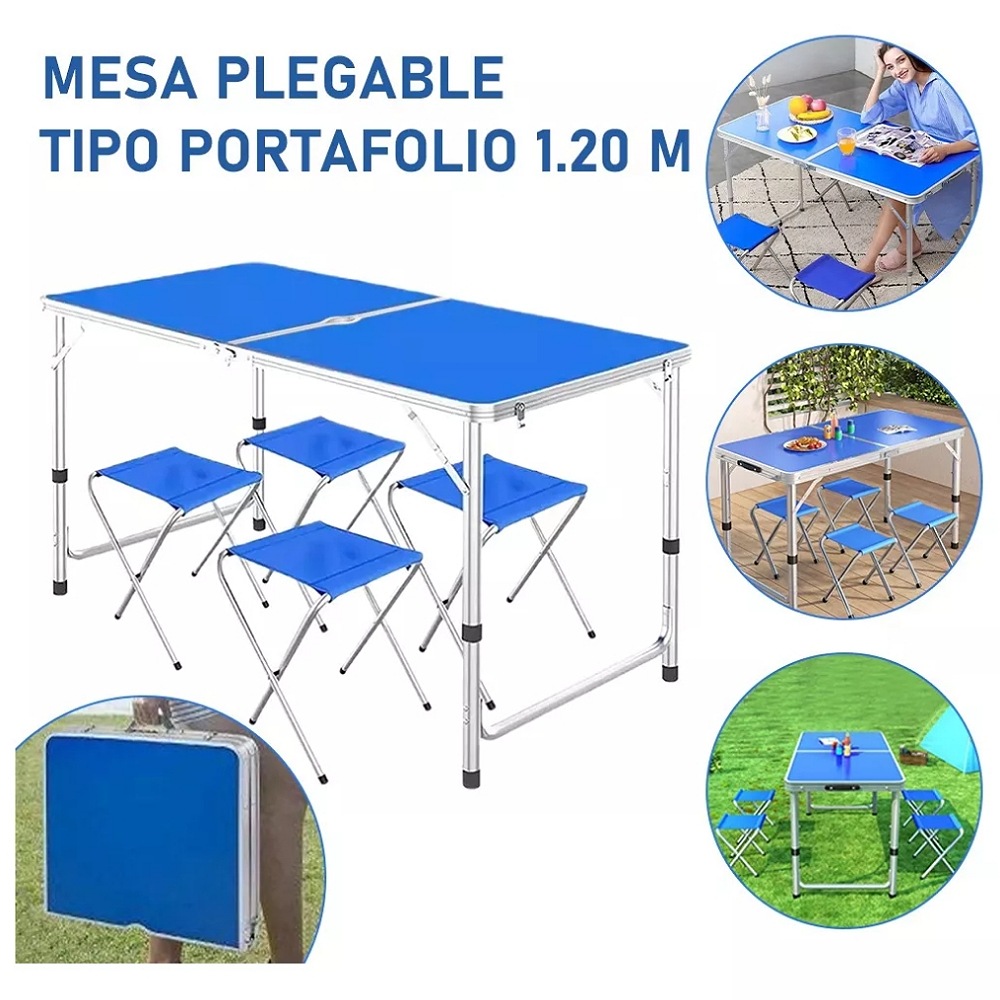 Mesa Plegable Portafolio 1.20m Y 4 Sillas Portátiles Jardin