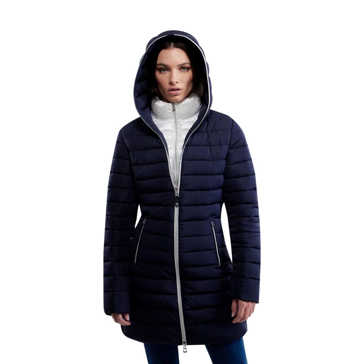 Chamarra larga acolchada para mujer, color azul marino, marca Holly Land, mod. 1098154