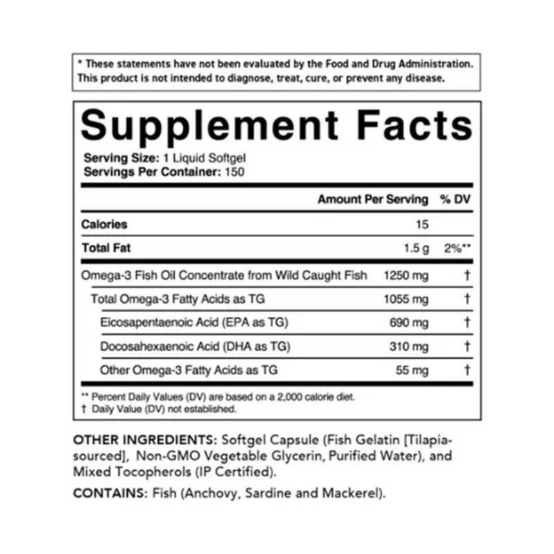 Omega 3 Fish Oil 1250mg Sport Research Extra Fuerte 150 softgels + Epa + Dha 