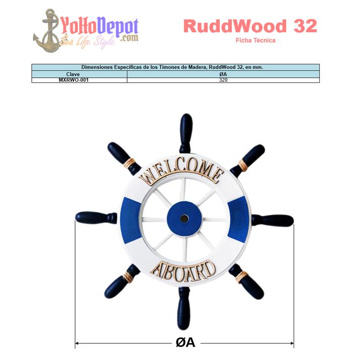 Timon para Decorar MXRWO-001-8 1Pza 32cm Diámetro Grosor 1,5cm Timón de Madera BlancoAzul, RuddWood