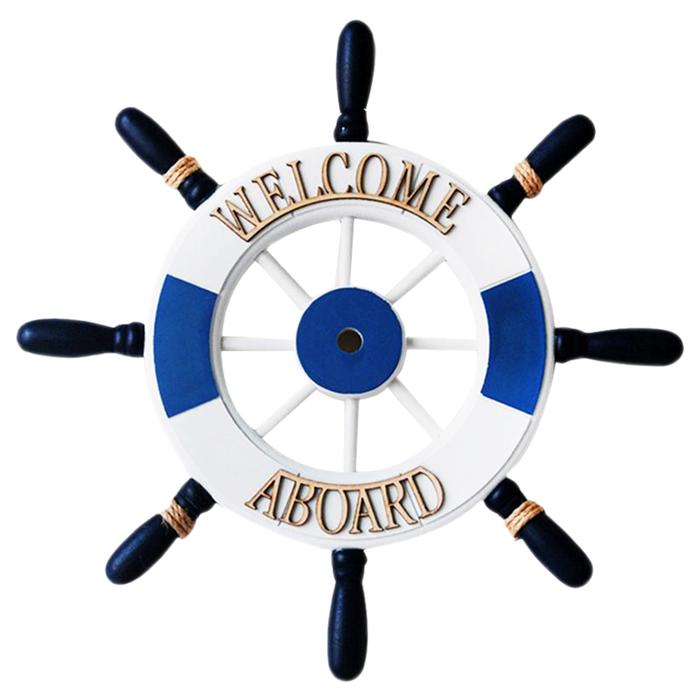Volante de Barco para Decorar MXRWO-001-2 1Pza 32cm Diámetro Grosor 1,5cm Timón de Madera BlancoAzul, RuddWood