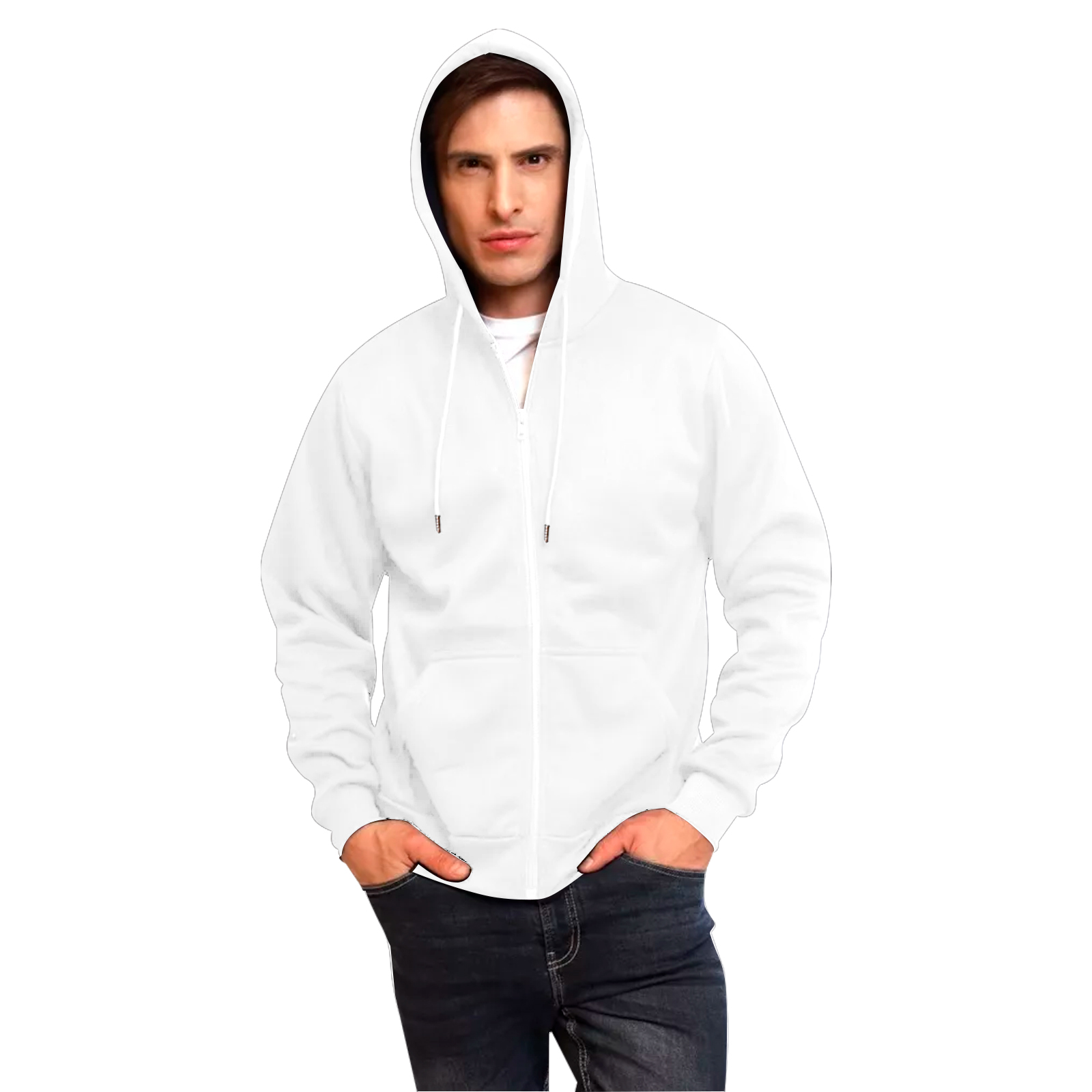 Sudadera Hoodie Blanco con Cierre, Capucha y Cangurera, Calientita, Casual, Abrigo, Chamarra
