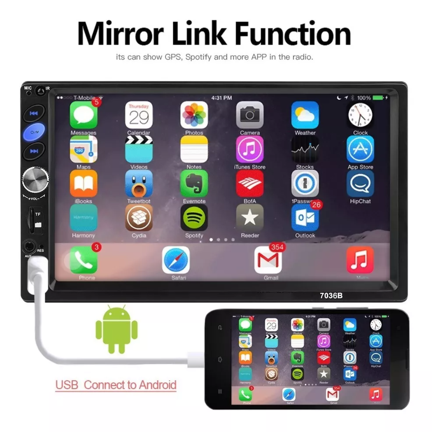 Estéreo Mirrorlink Pantalla Táctil 7 Pulgadas Hd Bluetooth
