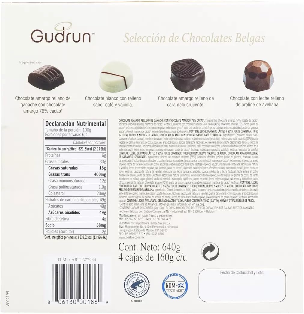 Gudrun Caja de Chocolates Belgas con 4 Cajitas Individuales 640 g Ideales para regalo de Navidad