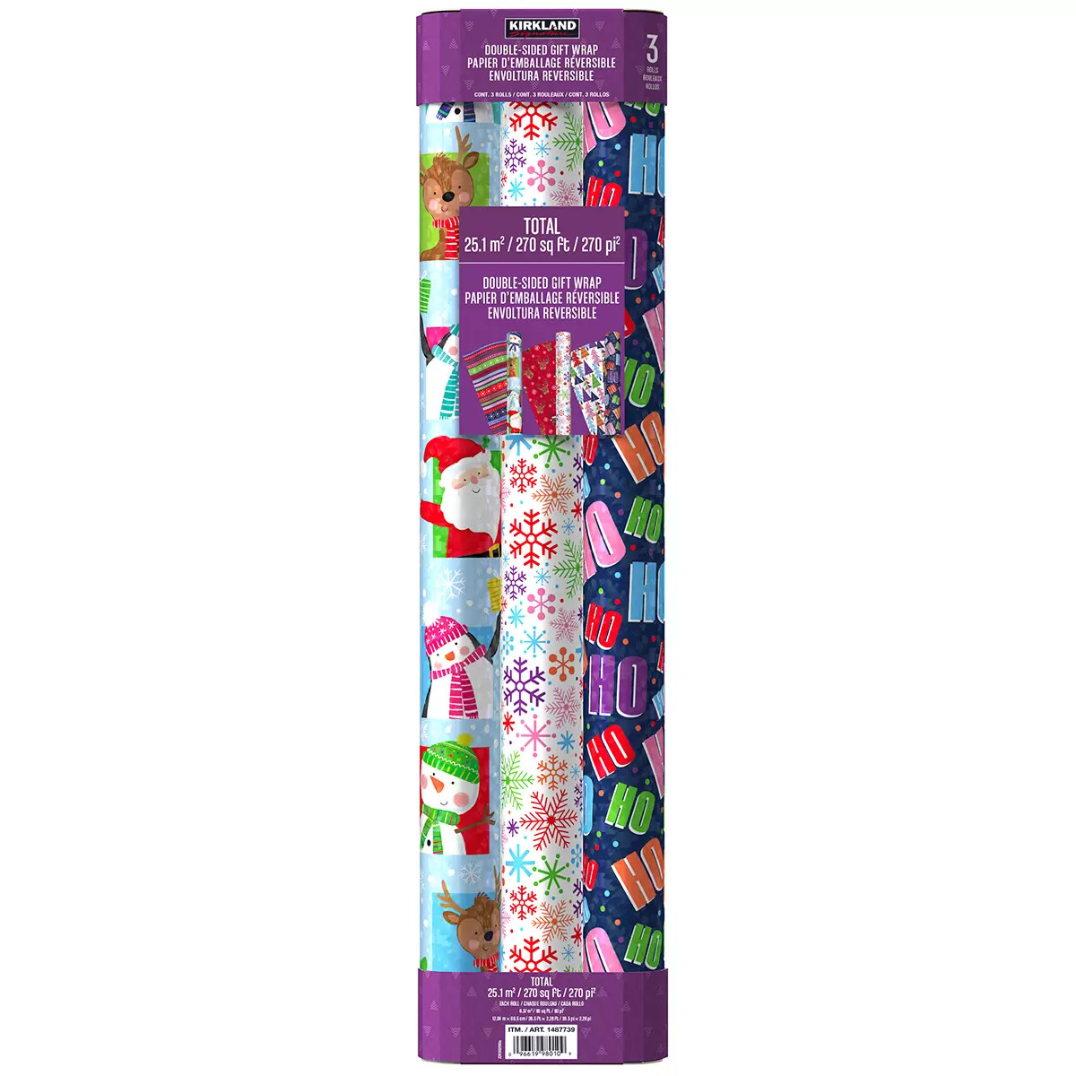 Kirkland Signature 3 Rollos De Papel Para Regalo Navideño Varios Diseños (Morado)