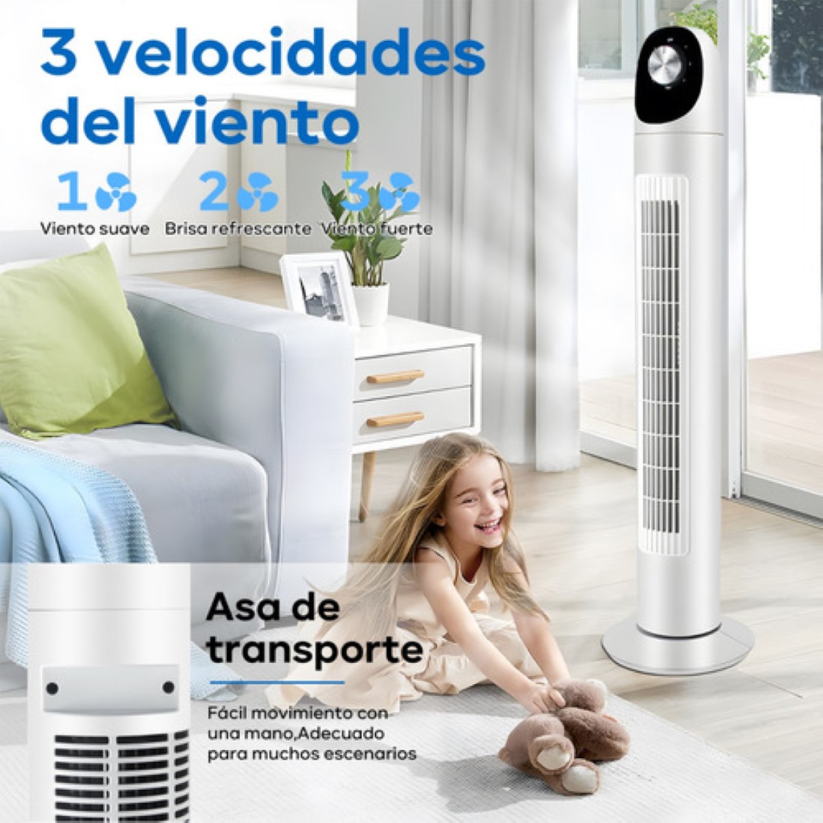 Ventilador De Torre Silencioso Con Control 3 Velocidades BLANCO