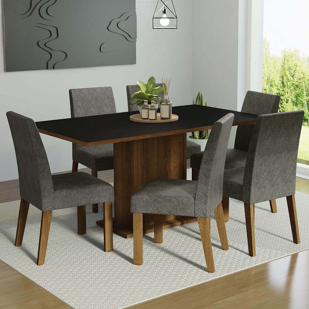 Juego de Comedor Mesa con Tapa de Madera 6 Sillas Renata Madesa Marron/Negro/Plata