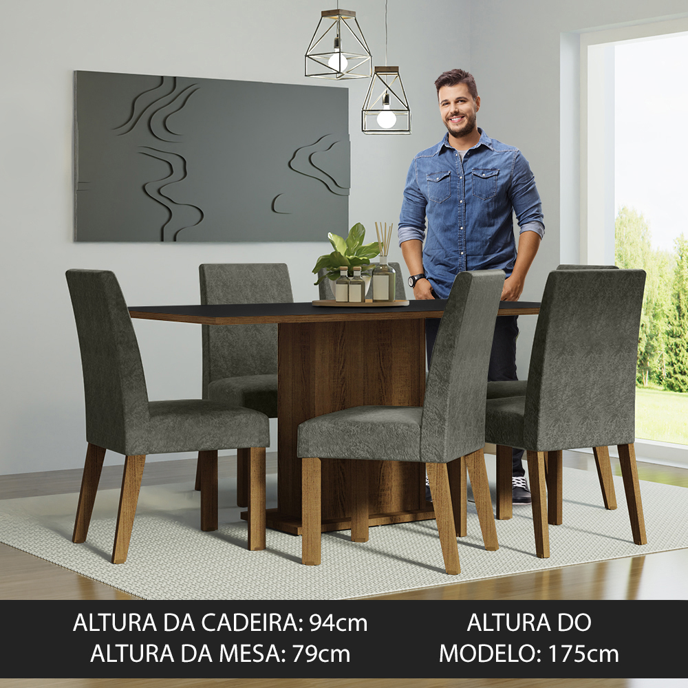 Juego de Comedor Mesa con Tapa de Madera 6 Sillas Renata Madesa Marron/Negro/Plata