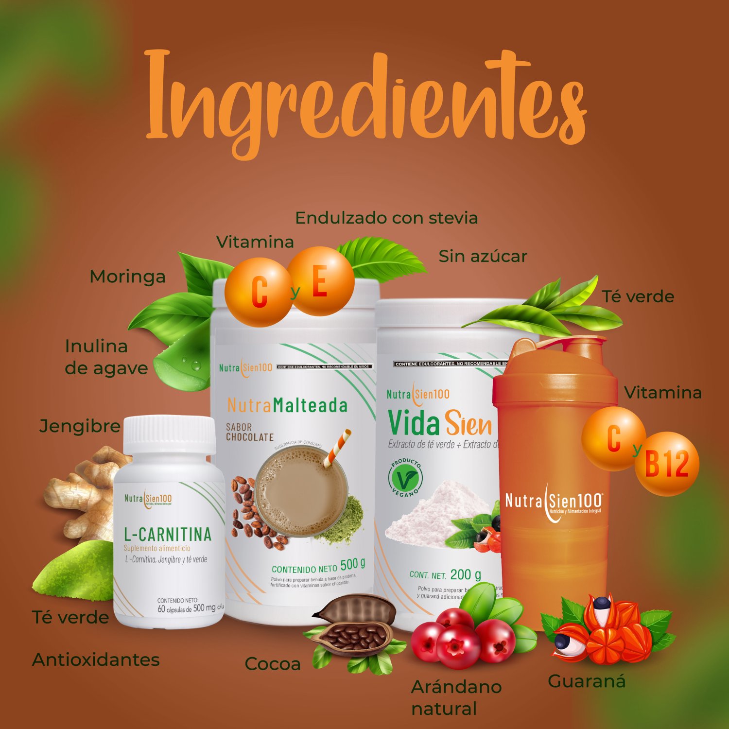 Combo Nutrasien100: Malteada chocolate, suplementos, shaker, plan y seguimiento 30 días. Bienestar total.