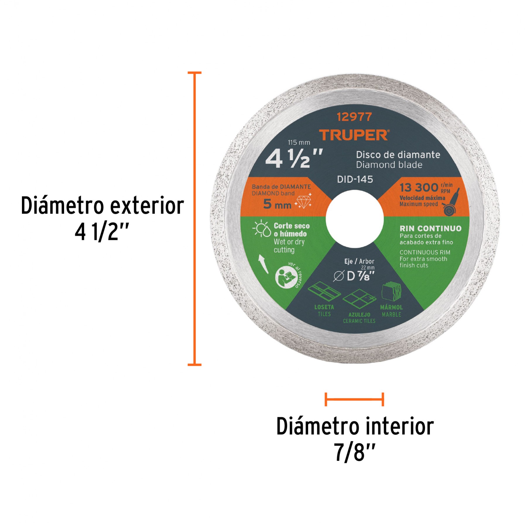 DISCO DE DIAMANTE DE 4-1/2" X 1.6 MM RIN CONTINUO, TRUPER 12977