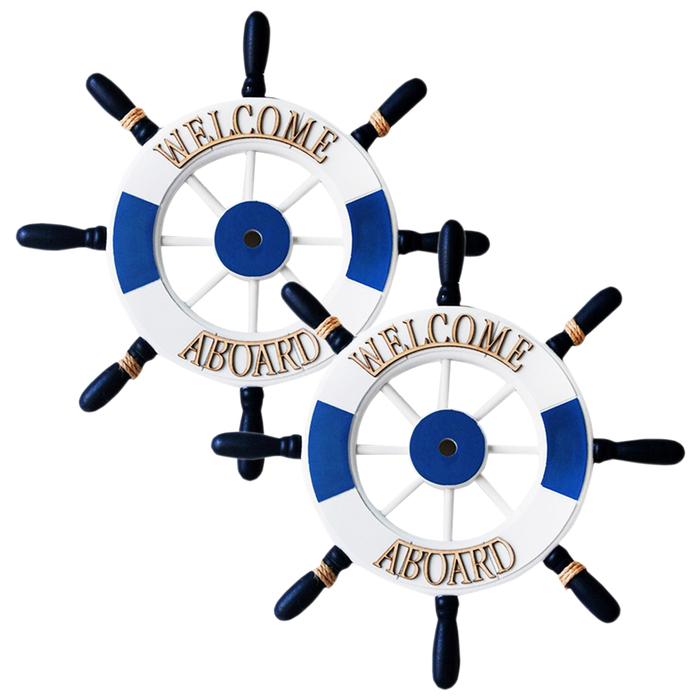 Timones Decorativos MXRWO-002-1 2Pzas 32cm Diámetro Grosor 1,5cm Timón de Madera BlancoAzul, RuddWood