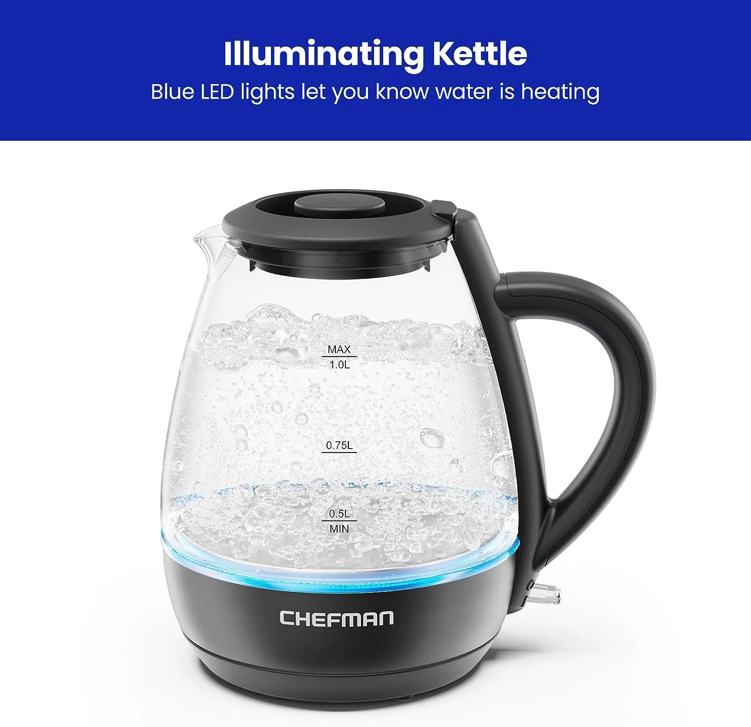 Hervidor de Agua Chefman RJ11-10-GMRL-TI-MX de Cristal 1 Lt Negra