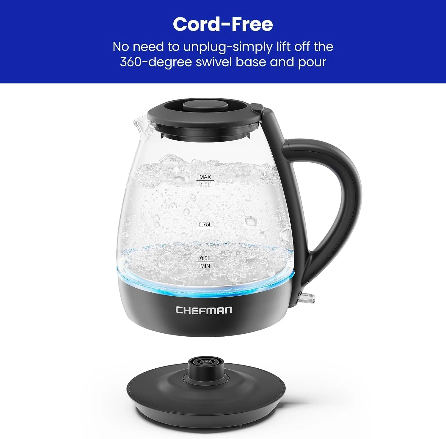 Hervidor de Agua Chefman RJ11-10-GMRL-TI-MX de Cristal 1 Lt Negra