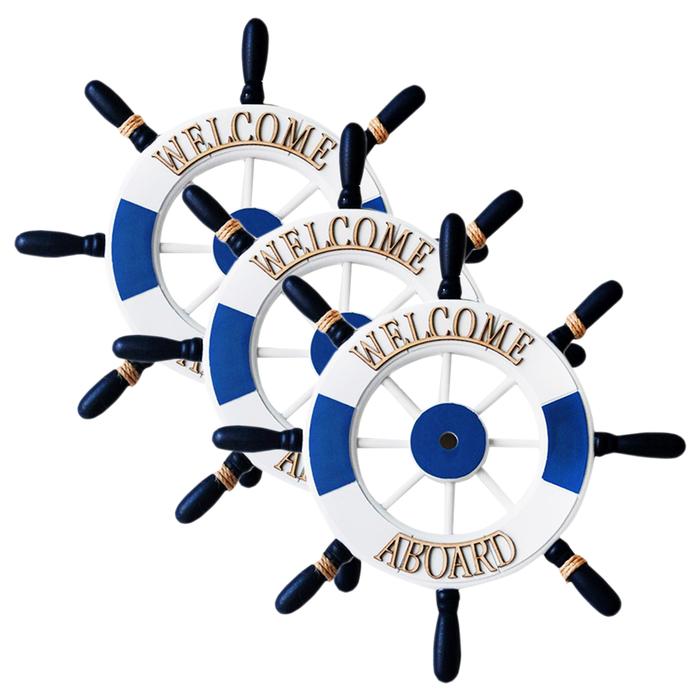 Timon Decorativo para Salas MXRWO-003-8 3Pzas 32cm Diámetro Grosor 1,5cm Timón de Madera BlancoAzul, RuddWood