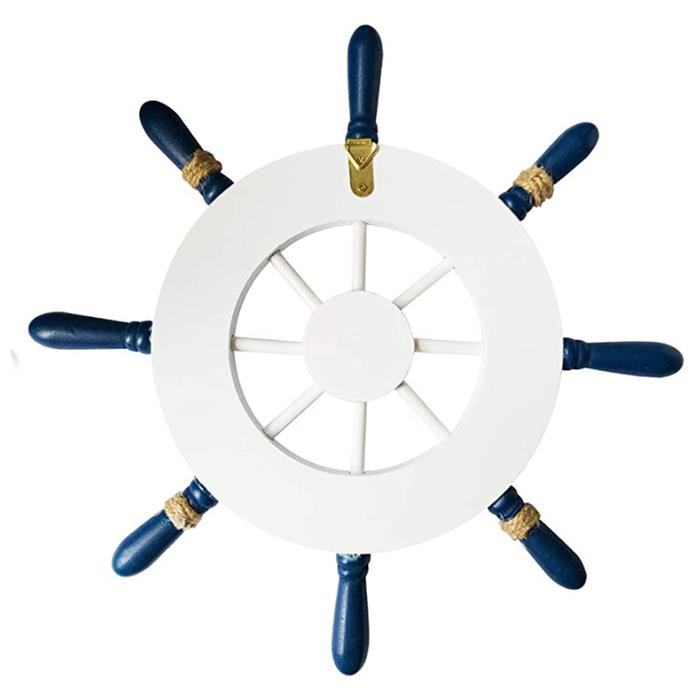 Rueda de Barco de Madera decorativa MXRWO-003-2 3Pzas 32cm Diámetro Grosor 1,5cm Timón de Madera BlancoAzul, RuddWood