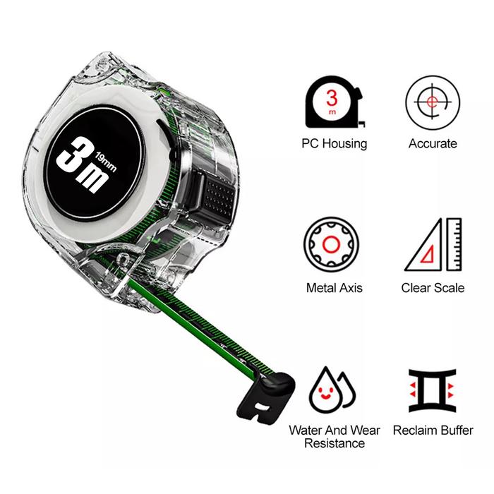 Cinta Métrica MXFXW-001-2 1 Pza 3mx19mm ABS y Acero al Carbono Negro y Verde, FlexGlow