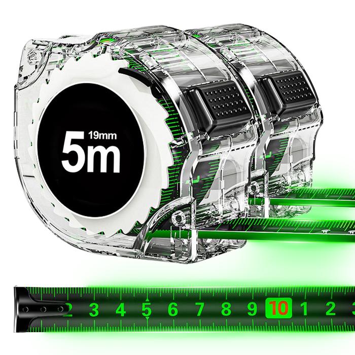 Flexómetro Albañilería MXFXW-005-2 2 Pzas 5mx19mm ABS y Acero al Carbono Negro y Verde, FlexGlow