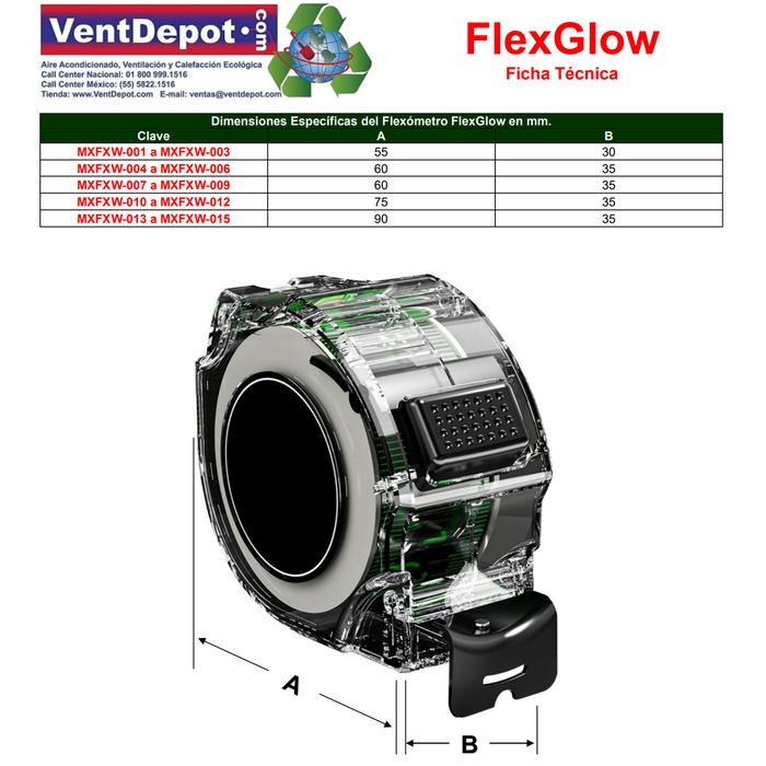 Cinta Métrica Retráctil MXFXW-007-2 1 Pza 5mx25mm ABS y Acero al Carbono Negro y Verde, FlexGlow