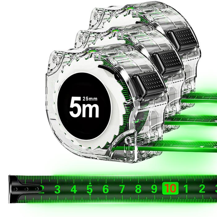 Flexómetro con Auto Bloqueo MXFXW-009-1 3 Pzas 5mx25mm ABS y Acero al Carbono Negro y Verde, FlexGlow