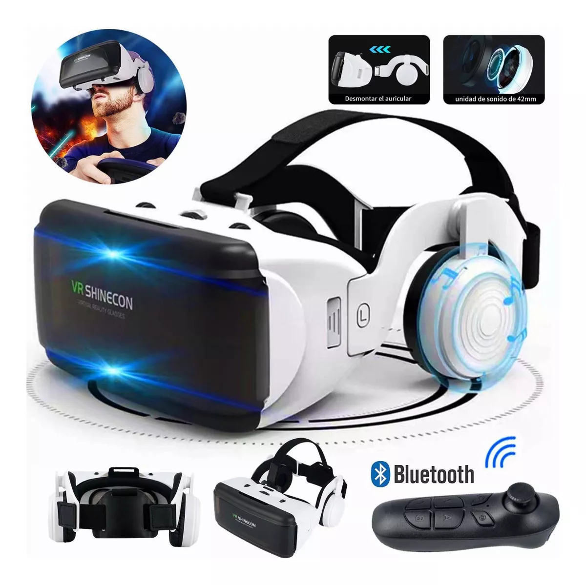 Casco de Realidad Virtual VR con Auriculares Incorporados y Mando Bluetooth Inalámbricos 