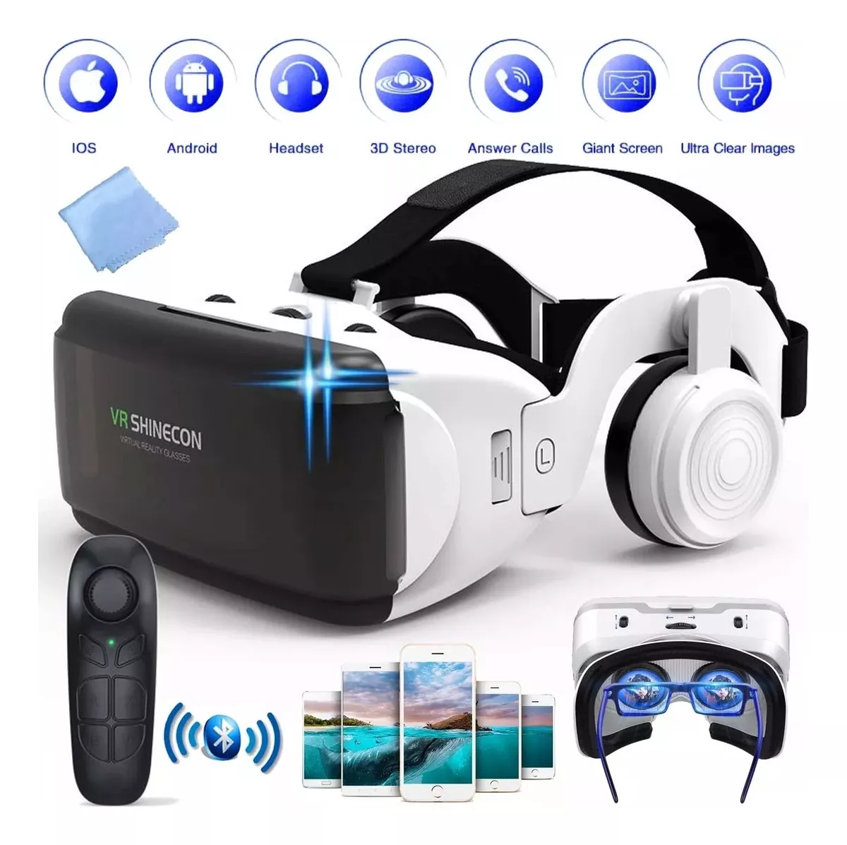 Casco de Realidad Virtual VR con Auriculares Incorporados y Mando Bluetooth Inalámbricos 