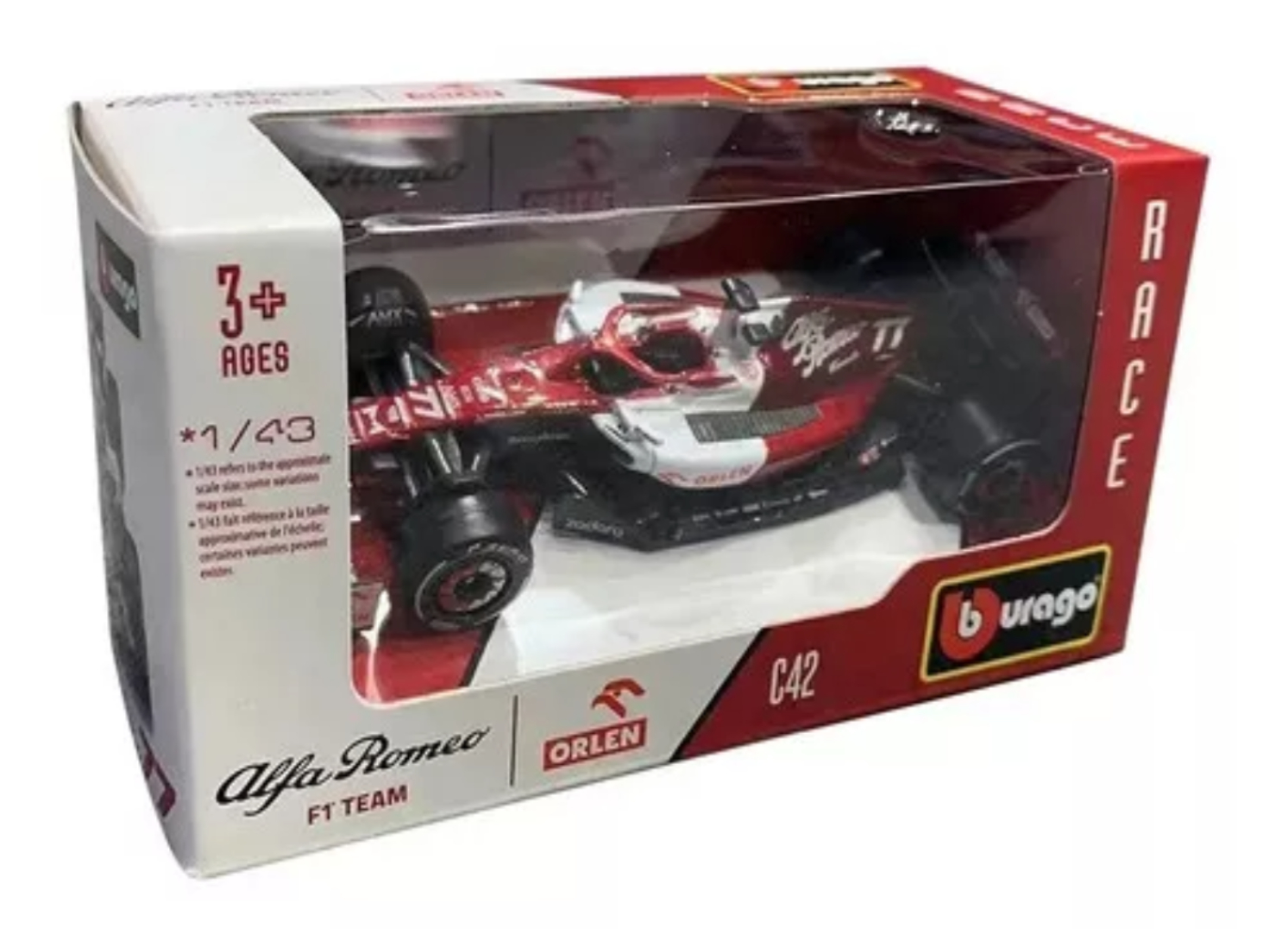 Carro en miniatura Alfa Romeo Racing Team 2022 Burago Alfa Romeo C42 #77 Valtteri Bottas 1:43 color rojo.