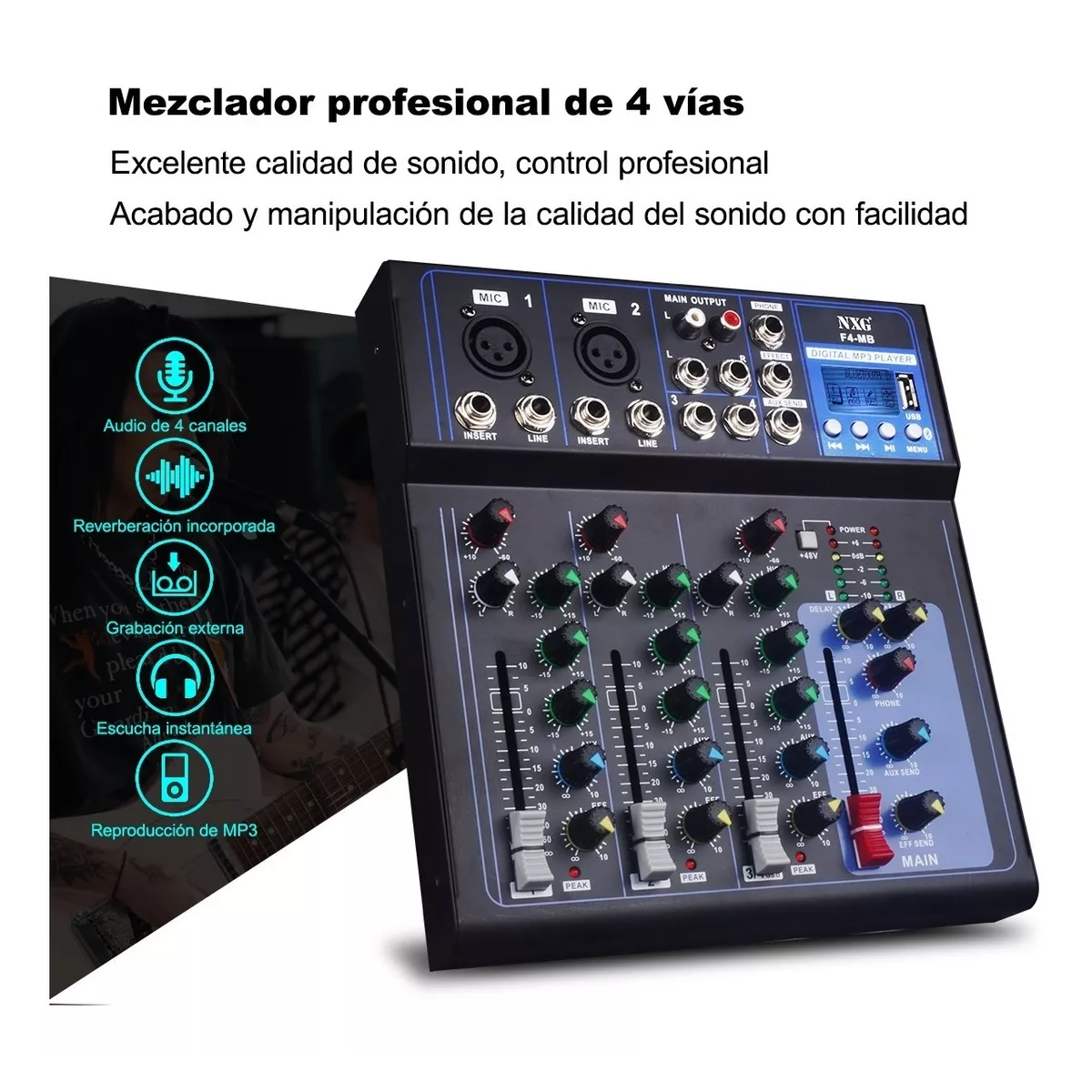 Mezcladora 4 Canales Pasiva Reproductor Bluetooth Usb