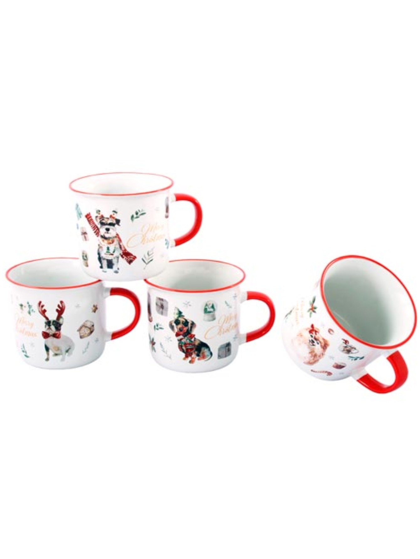 Crown Baccara - Crown Baccara - Juego de 4 tazas Navideñas para café o té 400 ml en Cerámica - Macotas Navideñas (Ideales para regalo o cena de Navidad)