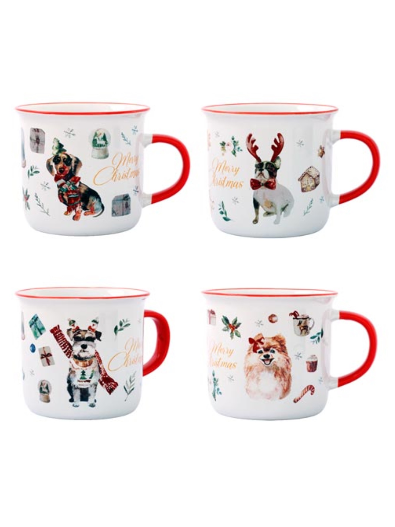 Crown Baccara - Crown Baccara - Juego de 4 tazas Navideñas para café o té 400 ml en Cerámica - Macotas Navideñas (Ideales para regalo o cena de Navidad)