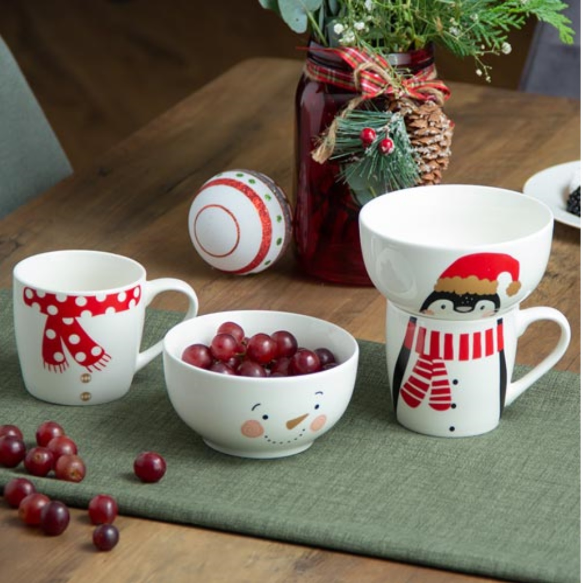 Crown Baccara - Set de desayuno de Tazas con Tazón de Navidad en Cerámica (Ideal para desayuno) Pinguino - Snowman (4 piezas) - POLONORTE