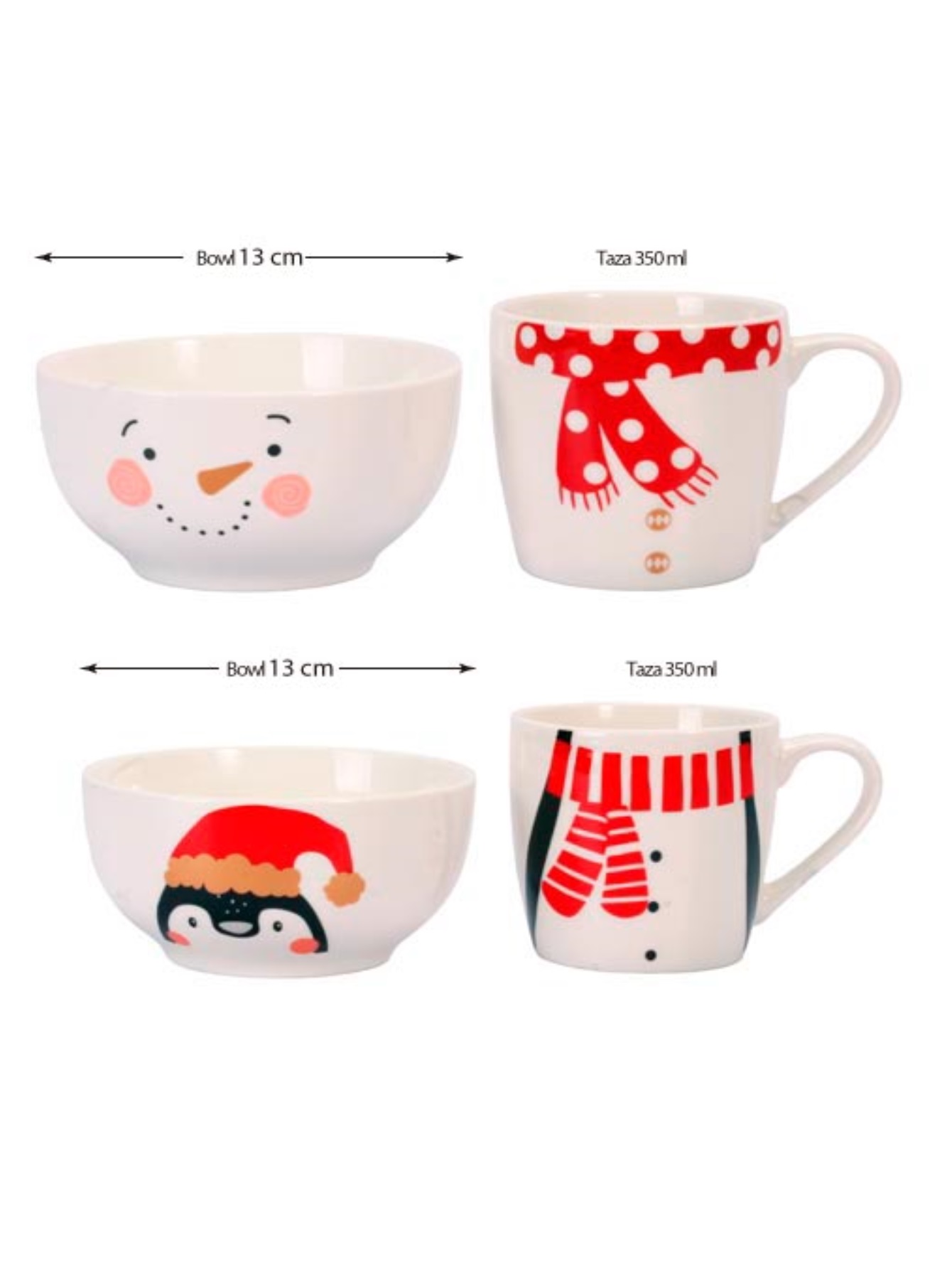 Crown Baccara - Set de desayuno de Tazas con Tazón de Navidad en Cerámica (Ideal para desayuno) Pinguino - Snowman (4 piezas) - POLONORTE