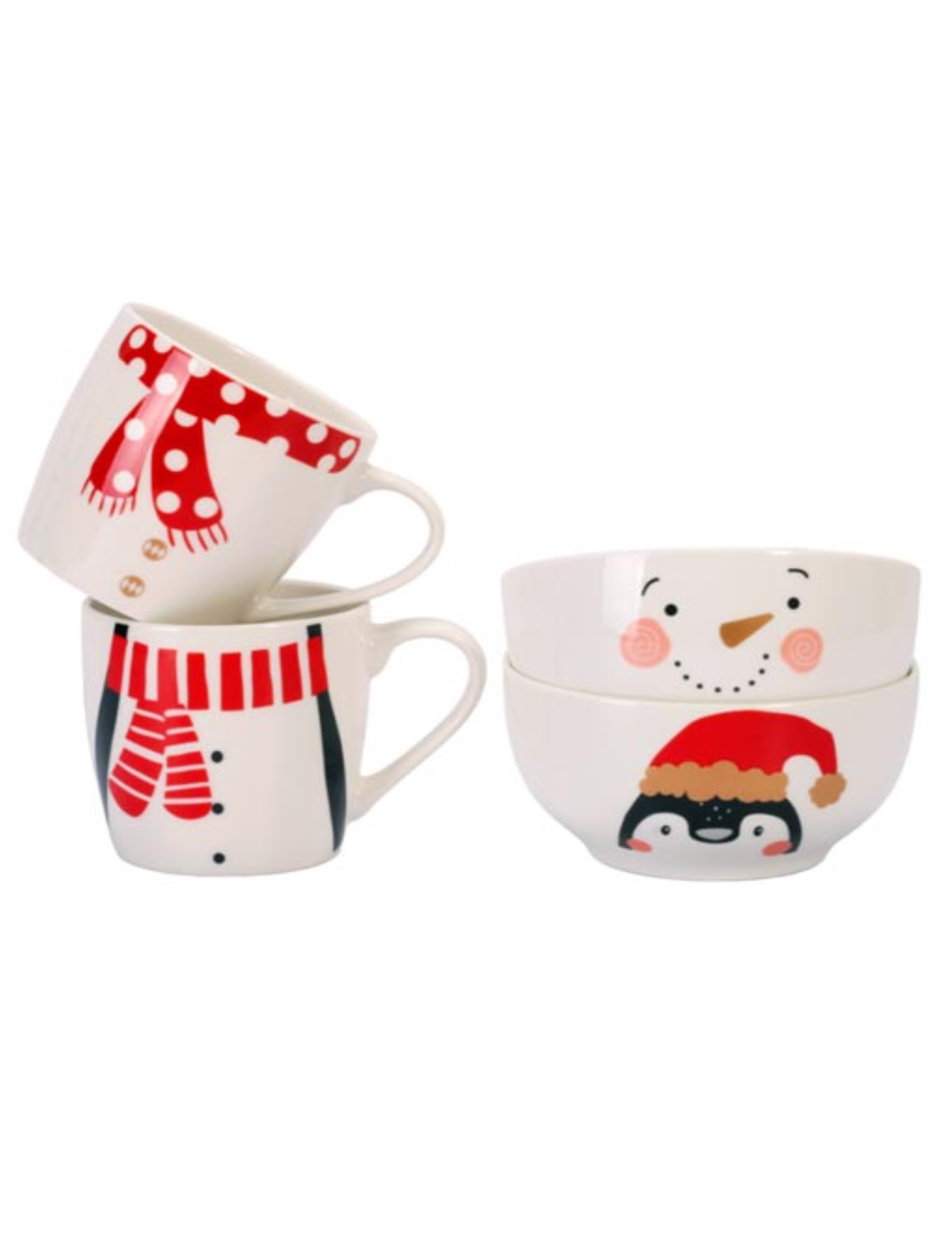 Crown Baccara - Set de desayuno de Tazas con Tazón de Navidad en Cerámica (Ideal para desayuno) Pinguino - Snowman (4 piezas) - POLONORTE