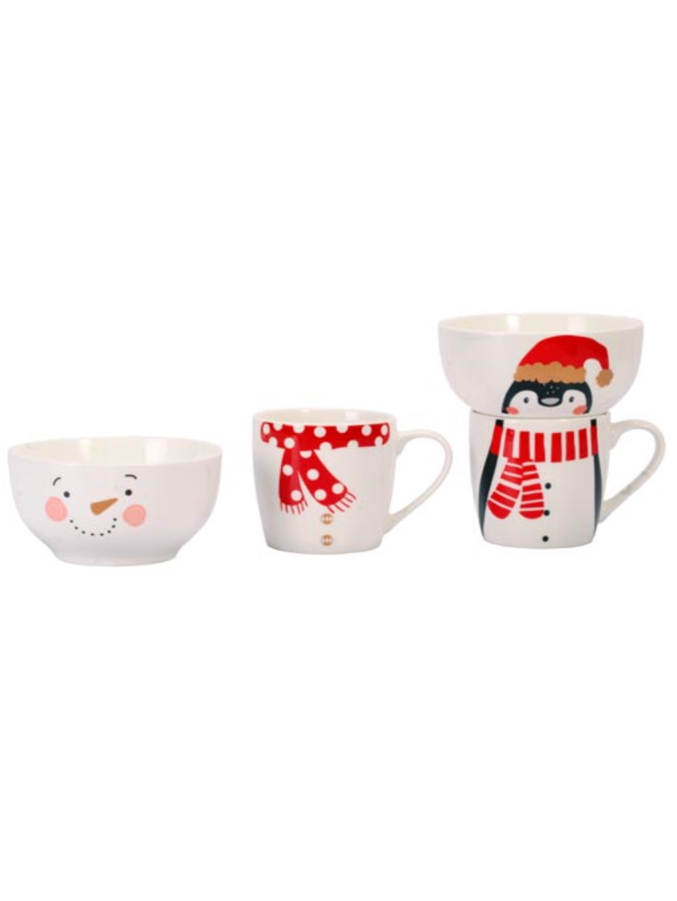 Crown Baccara - Set de desayuno de Tazas con Tazón de Navidad en Cerámica (Ideal para desayuno) Pinguino - Snowman (4 piezas) - POLONORTE