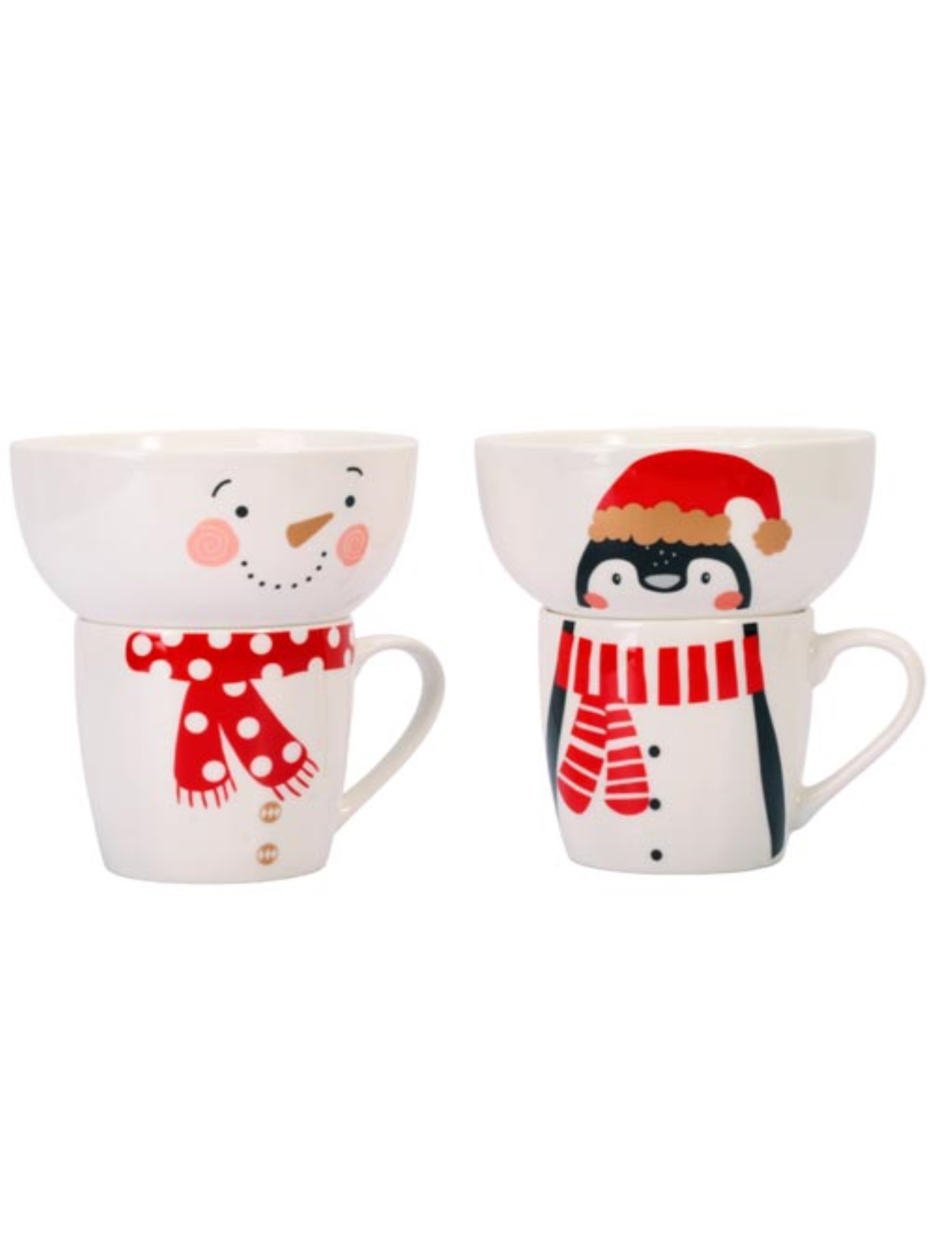 Crown Baccara - Set de desayuno de Tazas con Tazón de Navidad en Cerámica (Ideal para desayuno) Pinguino - Snowman (4 piezas) - POLONORTE