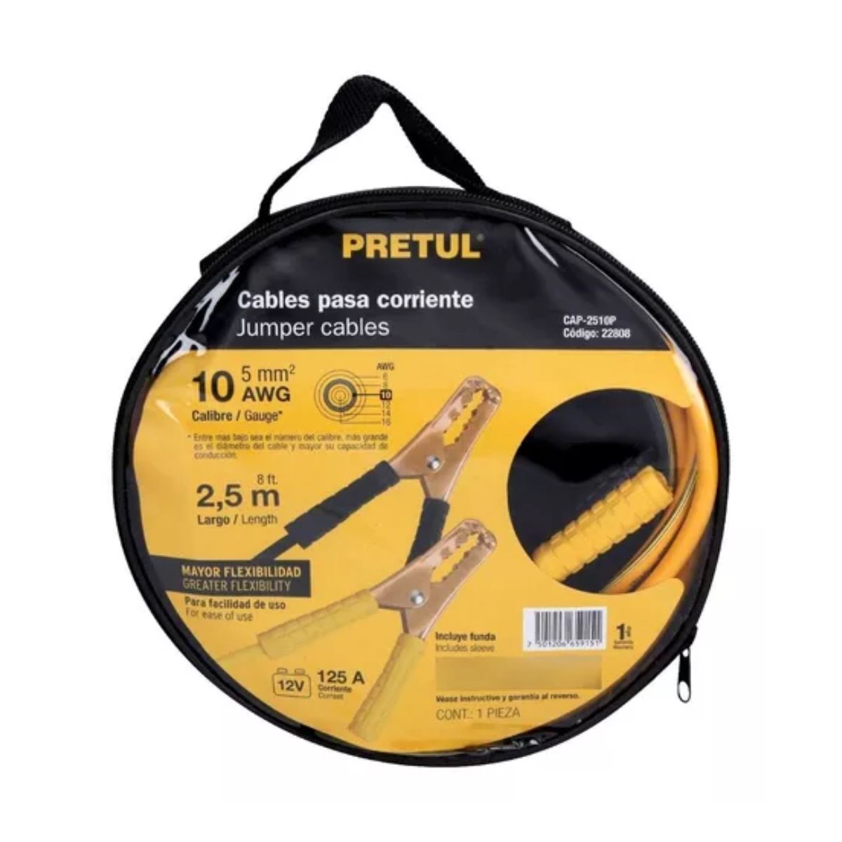 Juego De Cables Para Pasar Corriente Cal 10 2.5 Mt 125 Amp AMARILLO/NEGRO