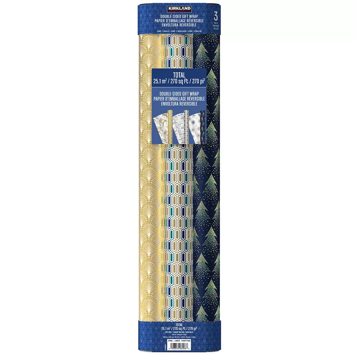Kirkland Signature 3 Rollos De Papel Para Regalo Navideño Varios Diseños (Azul)