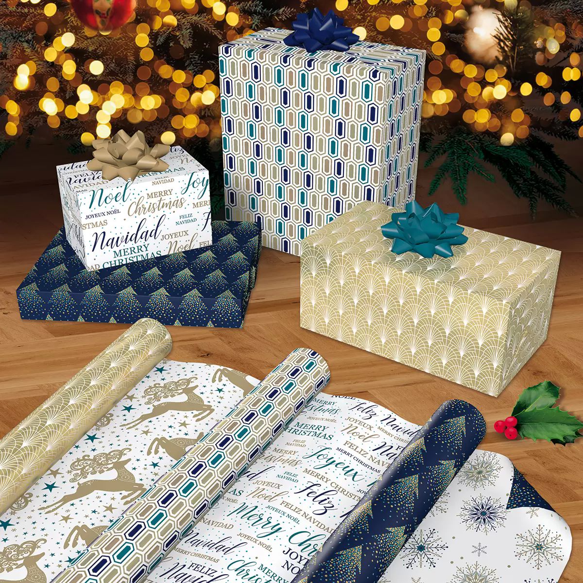 Kirkland Signature 3 Rollos De Papel Para Regalo Navideño Varios Diseños (Azul)