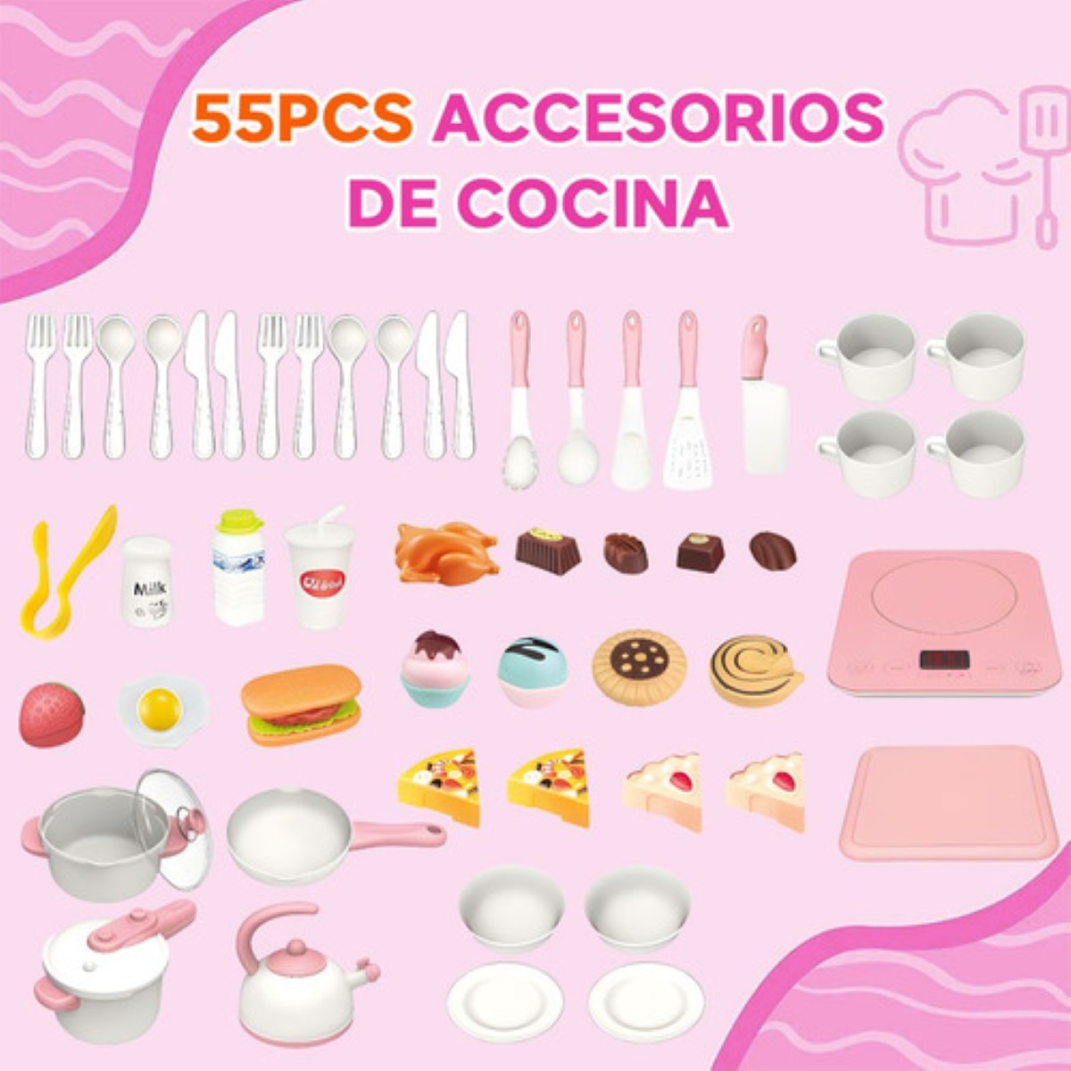 Juguetes De Cocina Para Niños Utensilios + Sonido Musica 55 pcs, ROSA