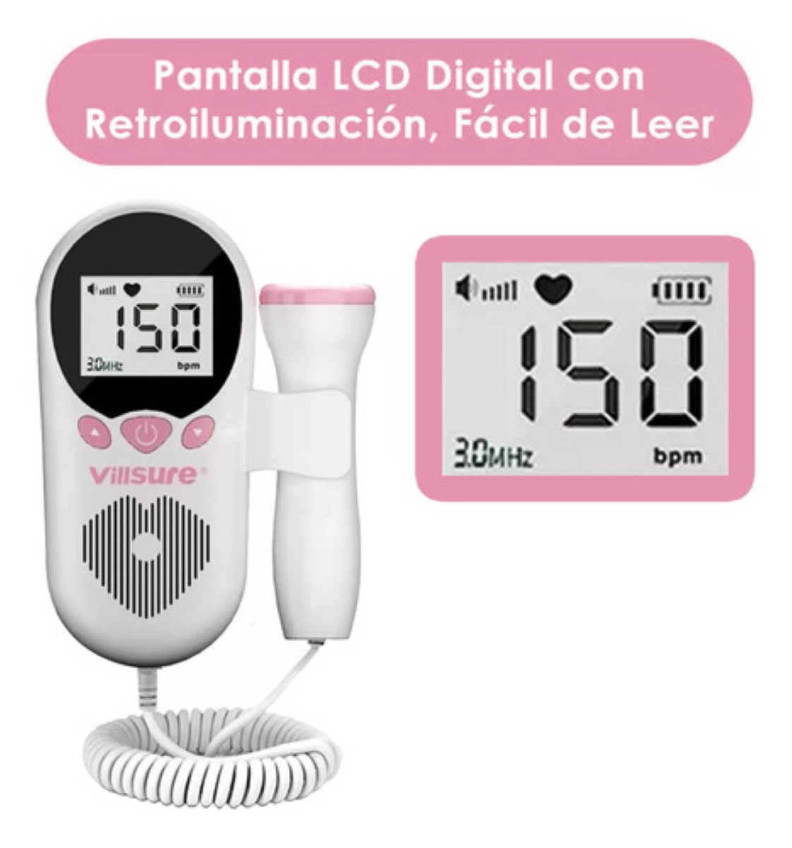 Detector De Frecuencia Cardíaca Fetal, Portátil BLANCO/ROSA