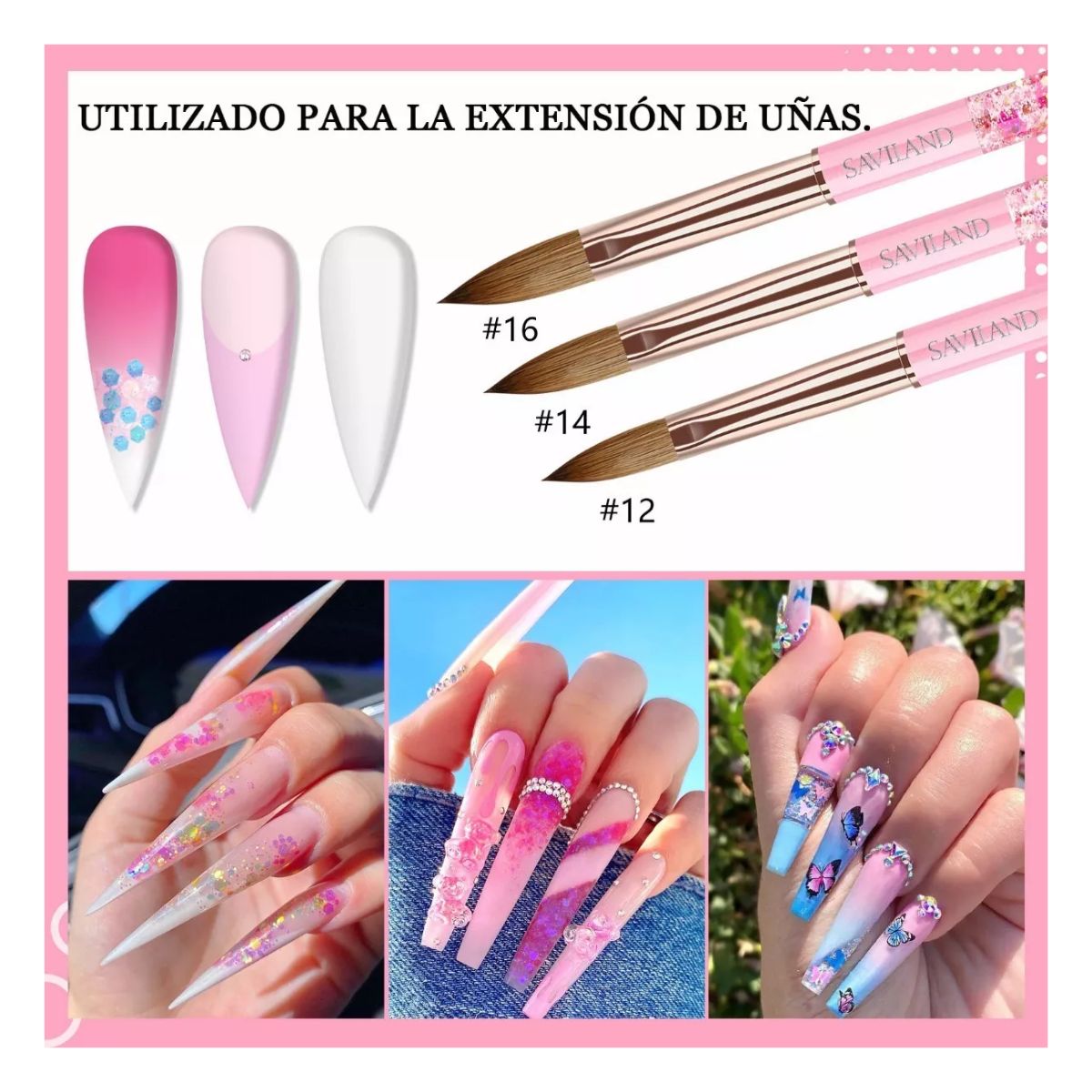 6 Pinceles Acrílico Para Uñas, 6,8,10,12,14,16 ROSA