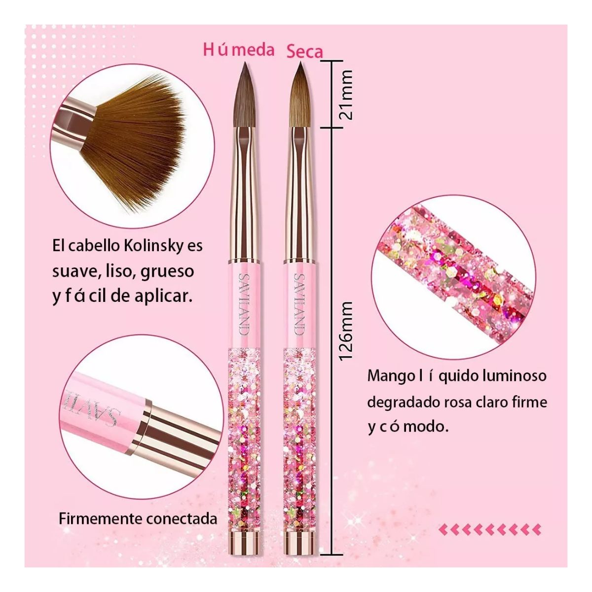 6 Pinceles Acrílico Para Uñas, 6,8,10,12,14,16 ROSA