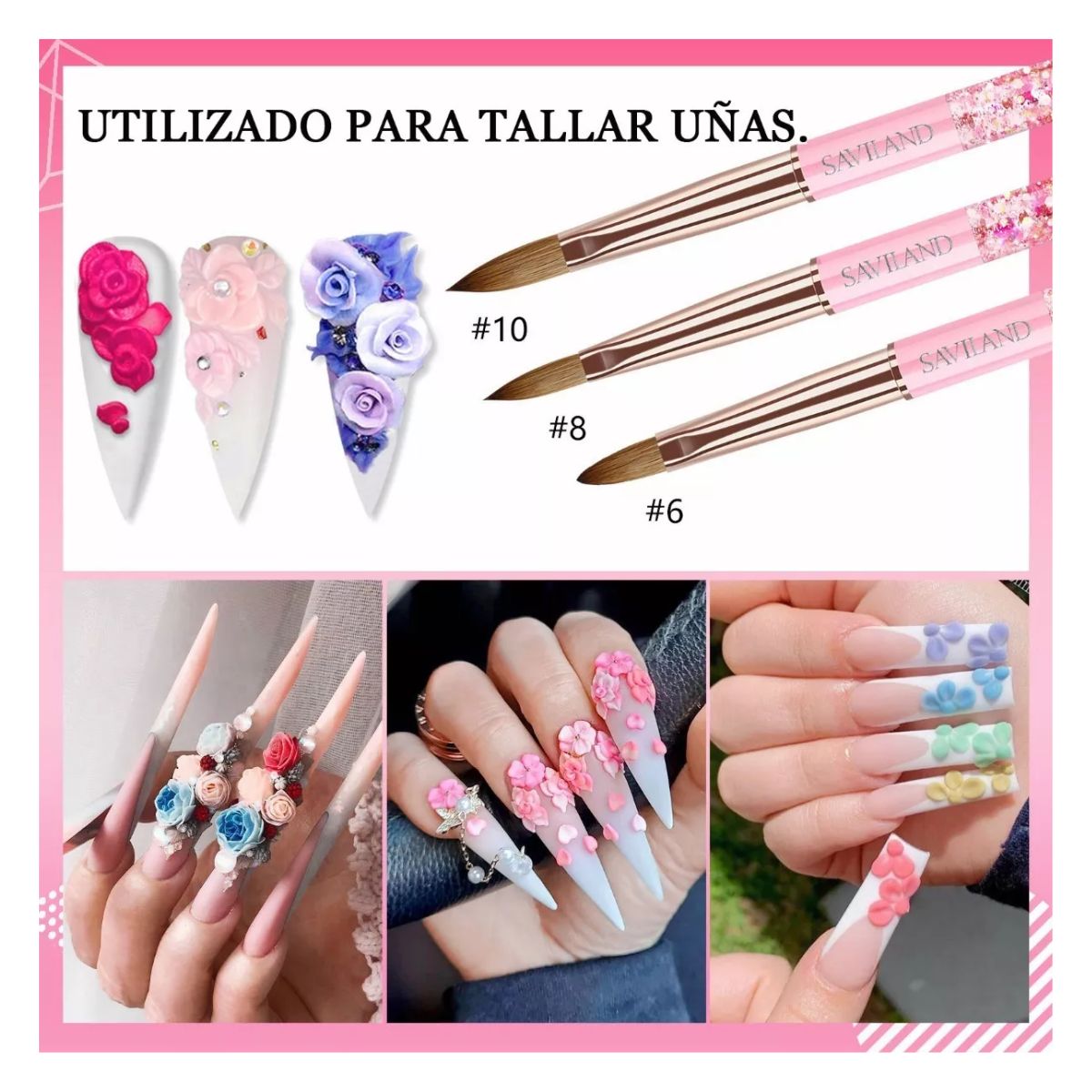 6 Pinceles Acrílico Para Uñas, 6,8,10,12,14,16 ROSA