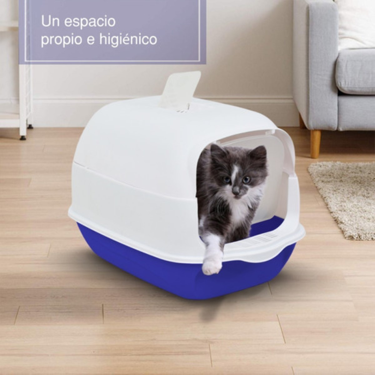 Arenero Gato Cerrado Filtro Anti Olor Puerta Abatible Pala Color Azul