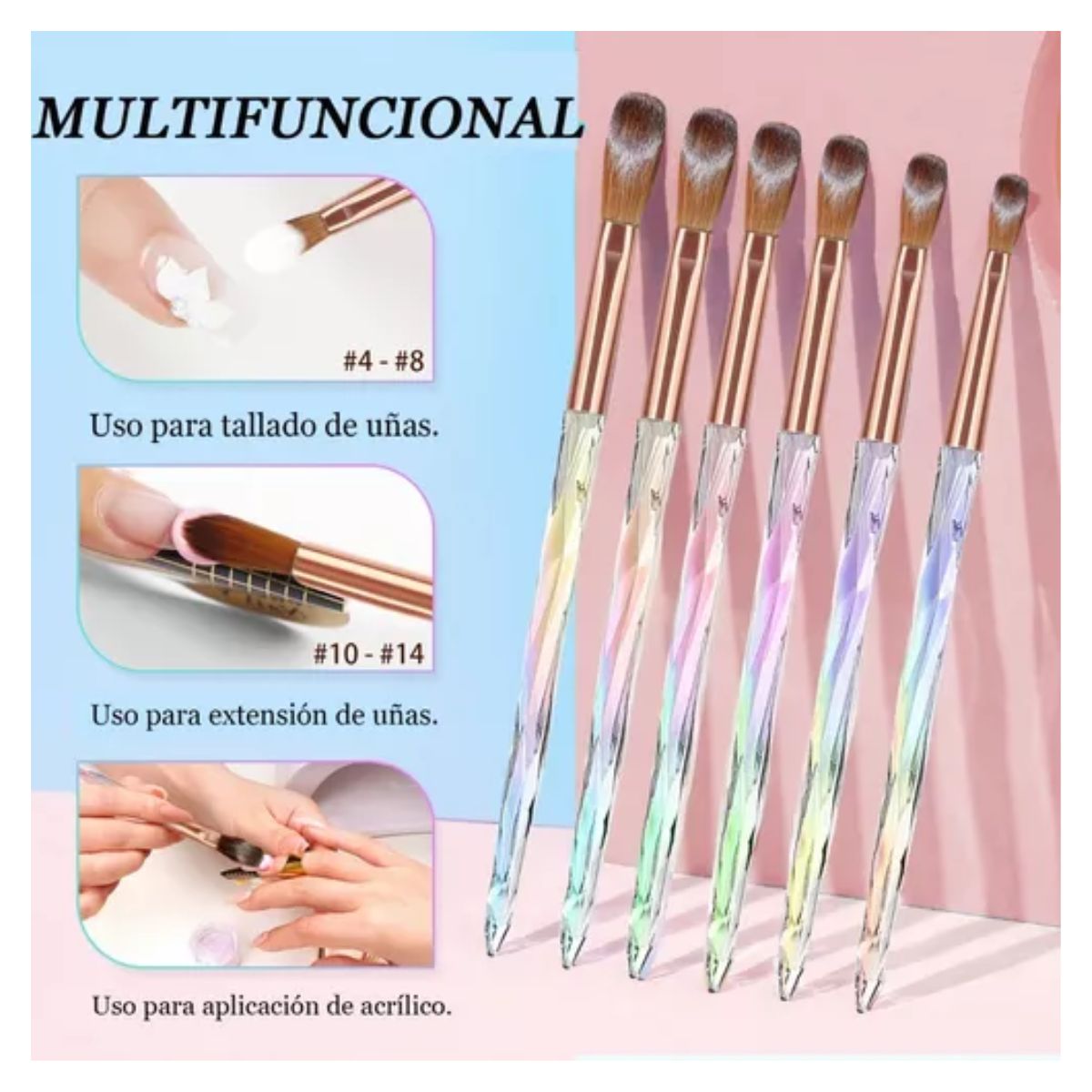 Set De 6 Pinceles Acrílico Para Uñas 4,6,8,10,12,14 COLORIDOS 