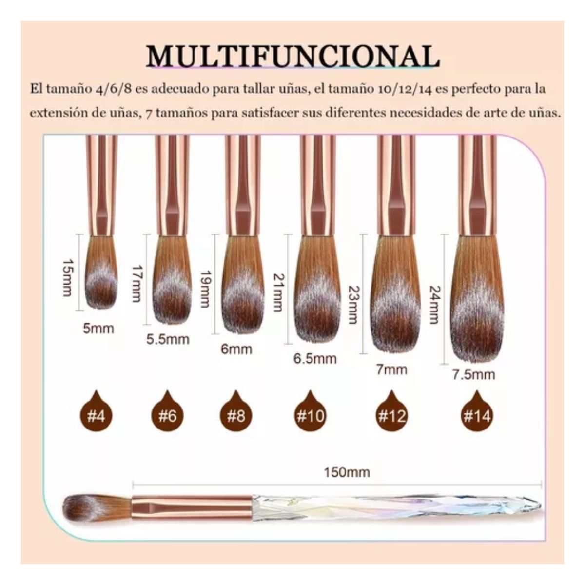 Set De 6 Pinceles Acrílico Para Uñas 4,6,8,10,12,14 COLORIDOS 