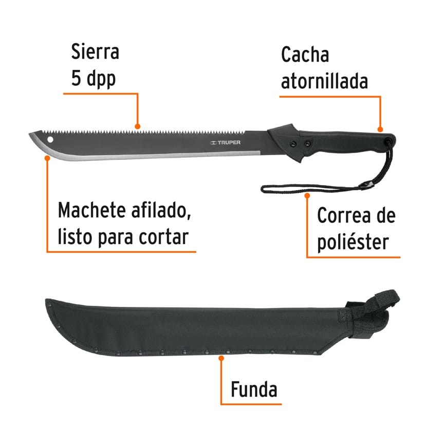 MACHETE DOBLE FILO 18" CACHA BI-MATERIAL, CON FUNDA, TRUPER 13098