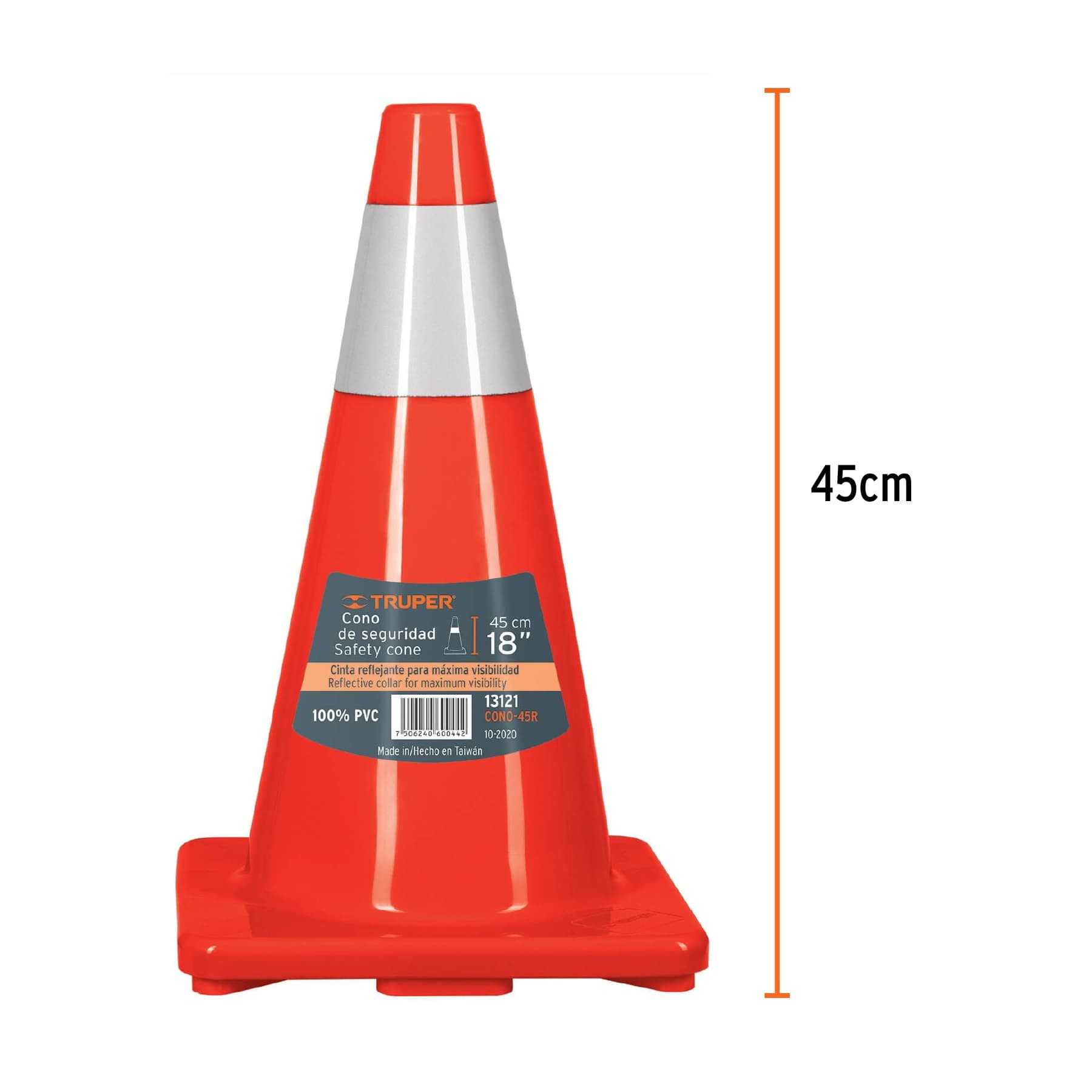 CONO DE PRECAUCIÓN DE 45 CM DE PVC CON REFLEJANTE, TRUPER 13121