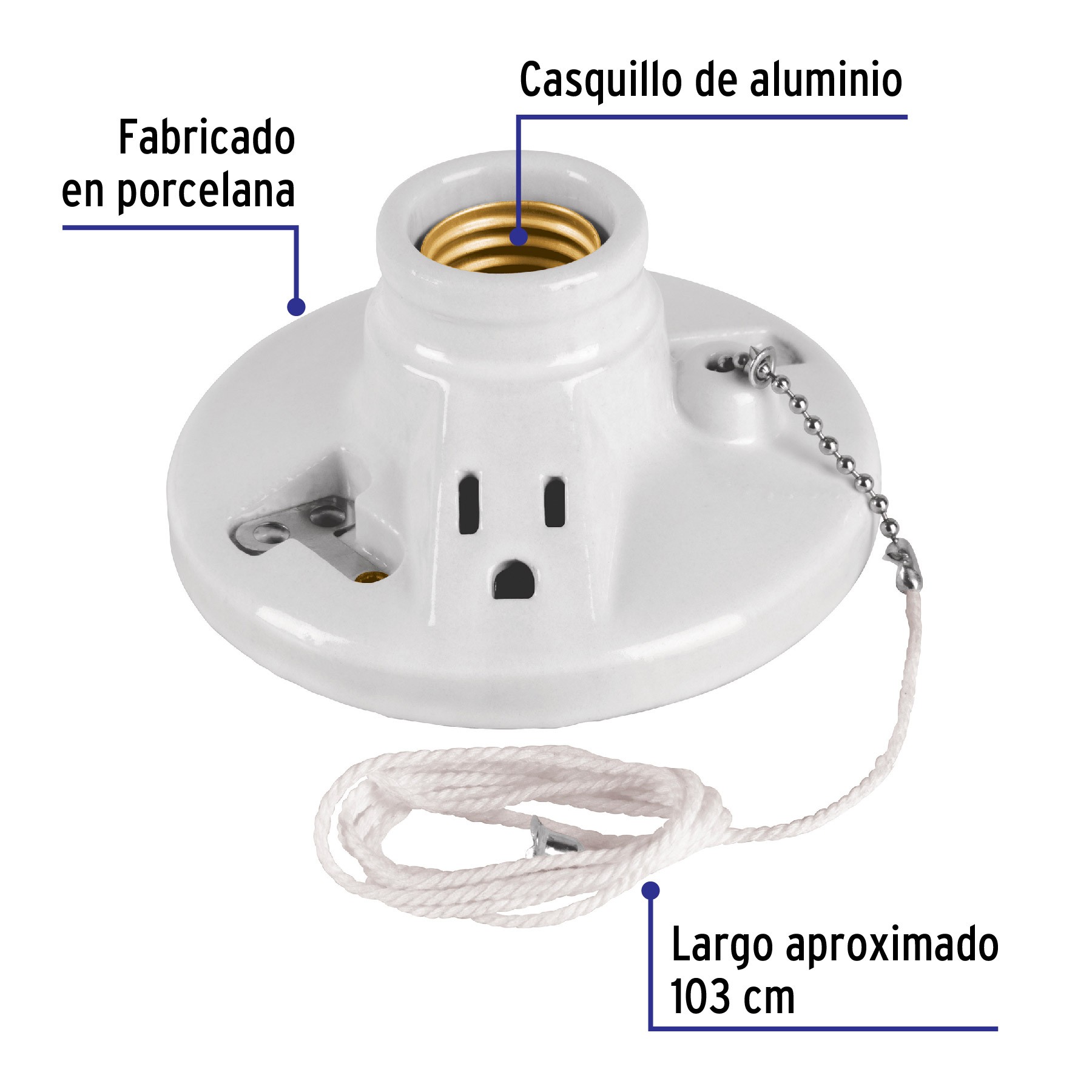 PORTALÁMPARA DE PORCELANA, CON LADRÓN Y CADENA, VOLTECK 46526