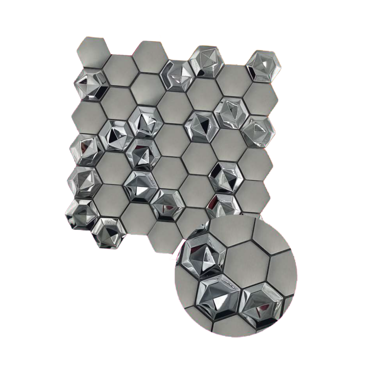Malla / cenefa / Mosaico decorativa DISEÑO GEOMETRICO, ACERO INOXIDABLE mod. ZEUZ DETALLES cromados 30X30CM